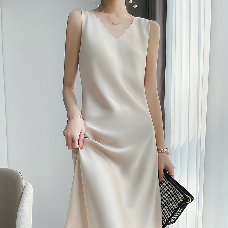 2022 Silk Slip Dress Women's Spring and Summer Acetic Acid Satin Mid-Length Dress with Silk Sleeveless Elegant