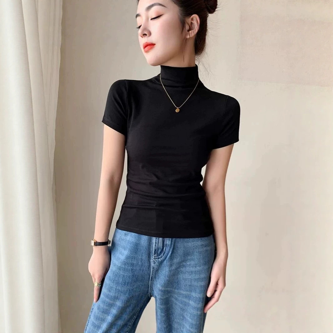 Summer Simple High-End Style Half-High Collar Short-Sleeve T-Shirt for Women, Slim-Fit Versatile Stylish Base Layer Top