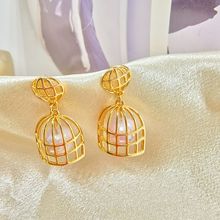 珍珠鸟笼耳环925银针气质名媛独特耳坠欧美设计感个性夸张耳饰