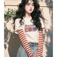白色纯棉假两件条纹长袖T恤女2025秋季新款设计感宽松短款上衣