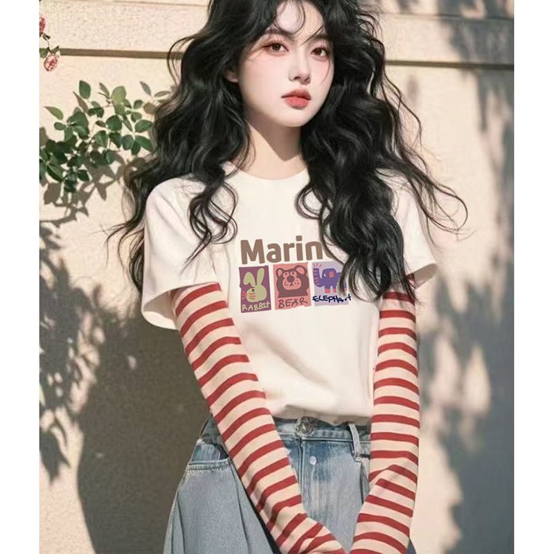 白色纯棉假两件条纹长袖T恤女2025秋季新款设计感宽松短款上衣|undefined