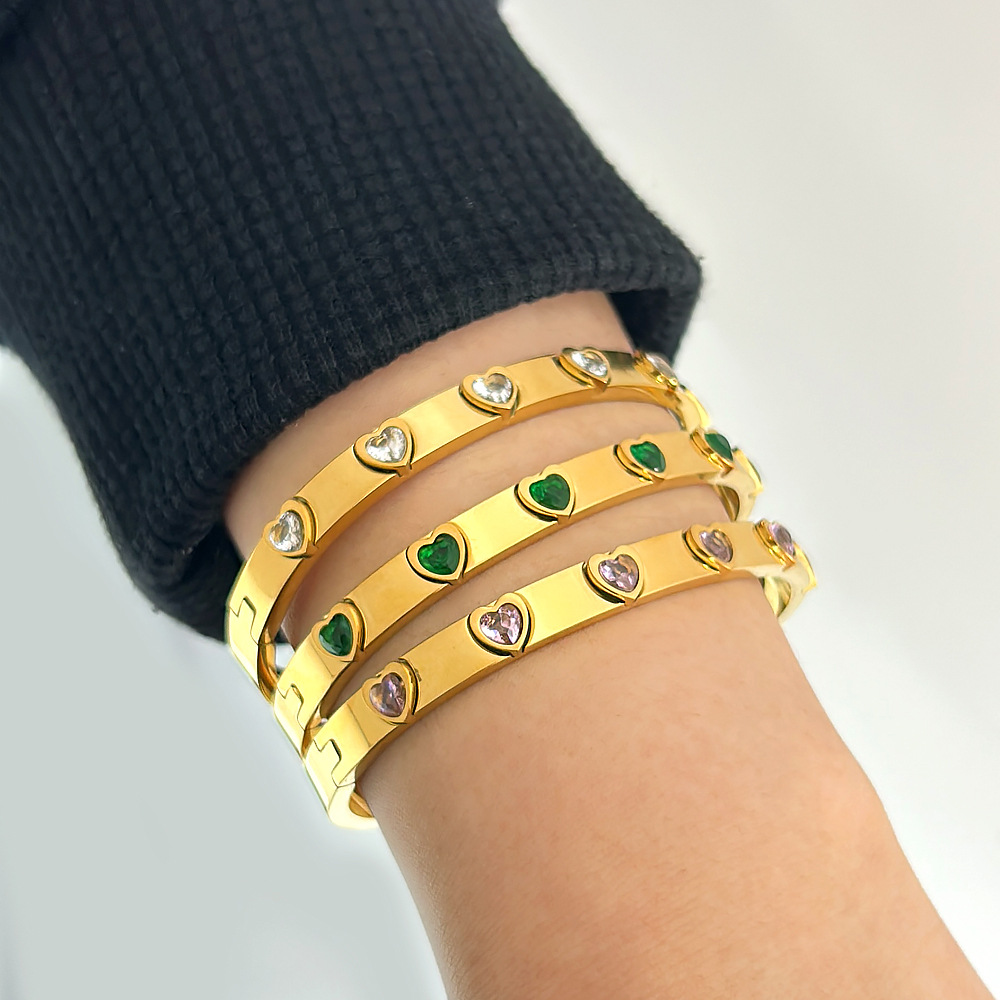 0.03µm Gold Plating Thickness 304 Stainless Steel Simple Style Plating Geometric Zircon Bangle