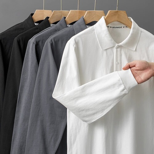 Heavyweight Pure Cotton Polo Shirt Men's Long Sleeve Spring and Autumn Season New Color Solid Base Shirt Casual Loose Collar Sweatshirt Men
