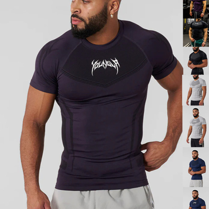 YOUNGAL New Fitness Clothes Coach Sports T-shirt Men's High Elastic Training Clothes Short Sleeve Fitness Clothes Tight Clothes