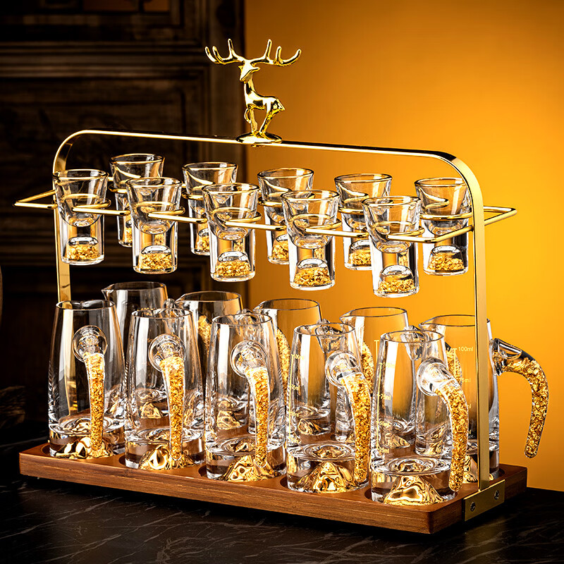 Juego de copas de licor de vidrio con oro, estilo chino, conjunto elegante de vasos pequeños y jarra, venta al por mayor