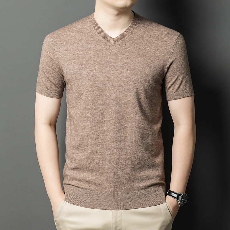 Ordos 100% cachemira pura, hombre de manga corta, suéter de lana de punto de cuello medio alto, suéter de manga media gruesa