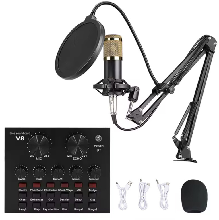 Micrófono BM800 con soporte, set para transmisión en vivo, micrófono para computadora, tarjeta de sonido para grabación, juegos, karaoke, micrófono de condensador con reducción de ruido
