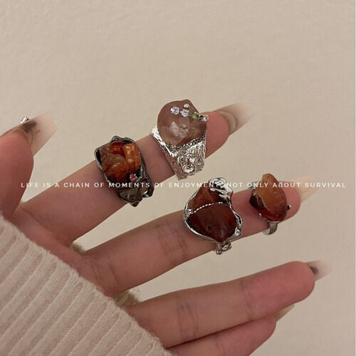 Handmade Ring with Silver Metal Texture, Maillard Chocolate Color, Natural Amber Stone, Modern Chinese Style