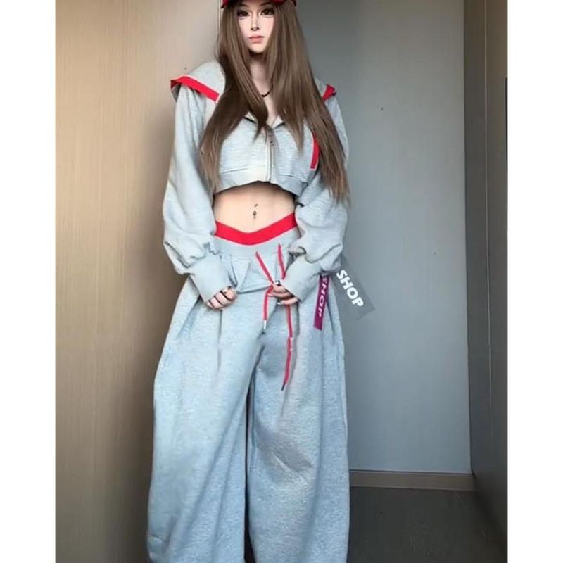 美式辣妹风高级卫衣连帽睡衣女早秋新款松弛感拼接休闲家居服套装|undefined