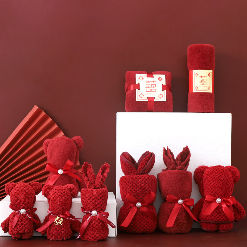 Wedding Bear rabbit towel hand gift shop wedding return red wine red gift box factory wholesale
