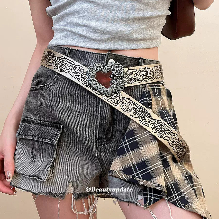 滴油皮革印花爱心花朵纹路腰带复古做旧腰链皮带小众设计感腰饰女