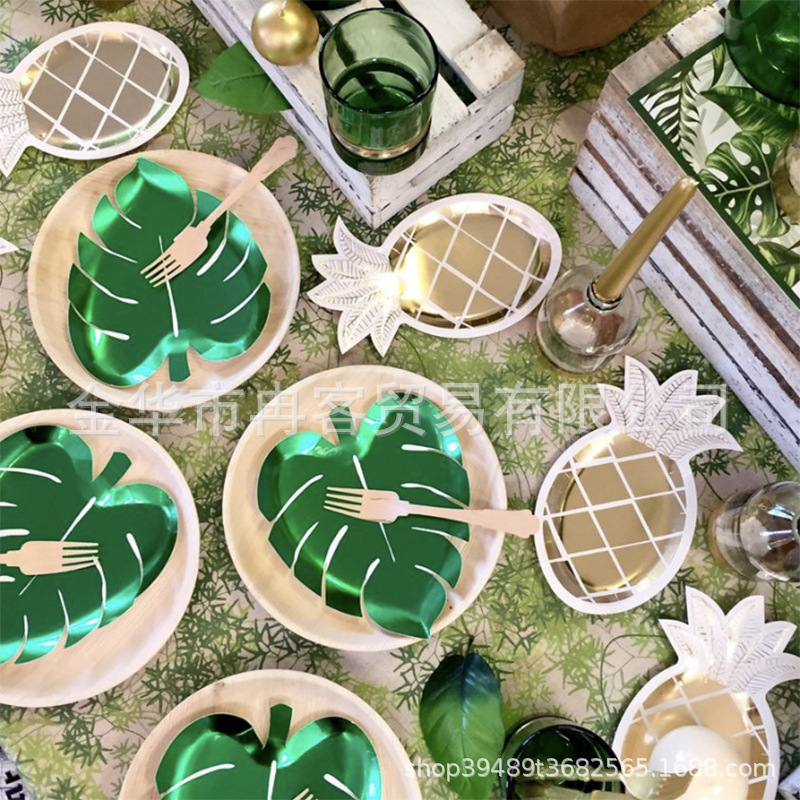 Tropical Party Paper Tray Green Palm Leaf Golden Pineapple Disposable Plate Hawaiian luau Party Decoration