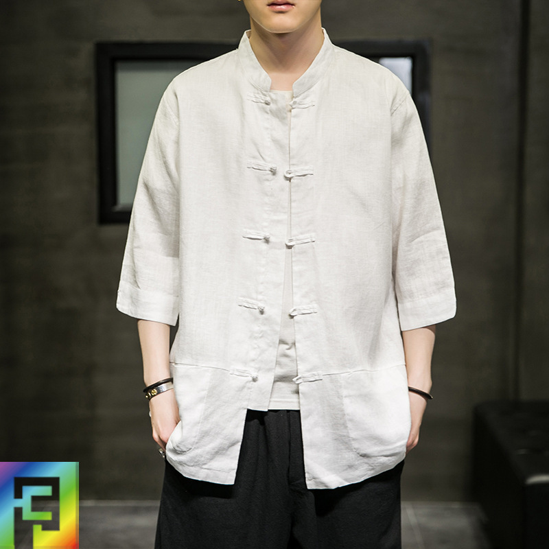 Spring and Summer 2023 New Chinese Style Cotton and Linen Half Sleeve Shirt Men's Retro Set Collar Buckle Cardigan Tang Coat Top