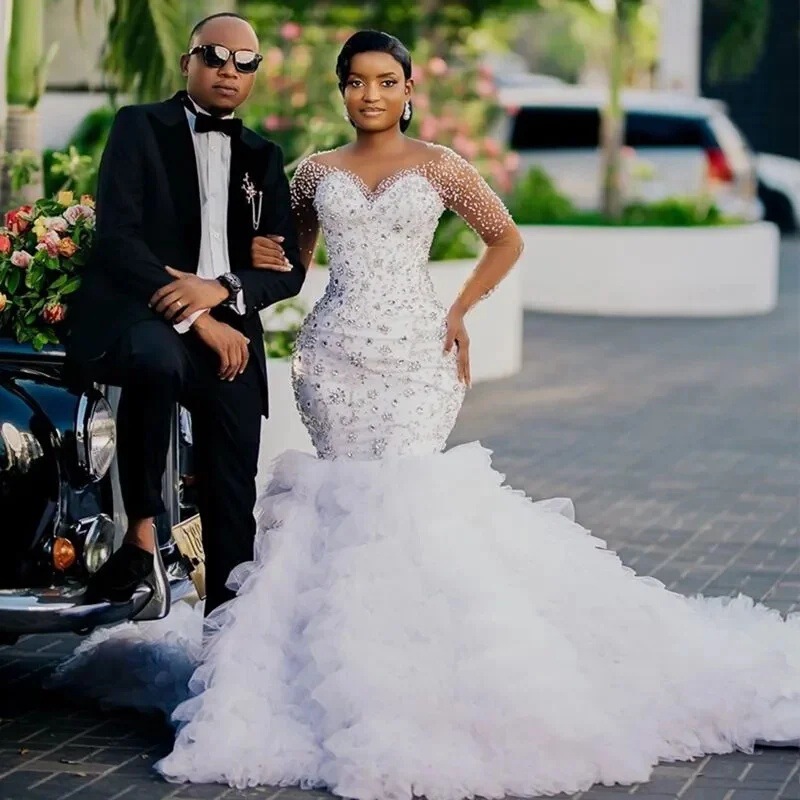 Plus Size Luxury Wedding Dresses Bridal Gowns Bride Dress African Mermaid Long Sleeves Beads Lace Pearls Plus Size Luxury Wedding Dresses Bridal Gowns Bride Dress African Mermaid Long Sleeves Beads Lace Pearls