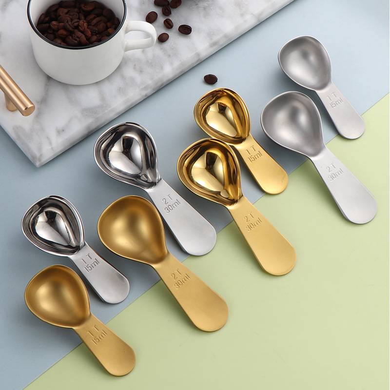 Cuchara de medición de granos de café en forma de corazón de acero inoxidable transfronterizo cuchara de medidor de oro con logotipo 15ml 30ml cuchara de leche en polvo
