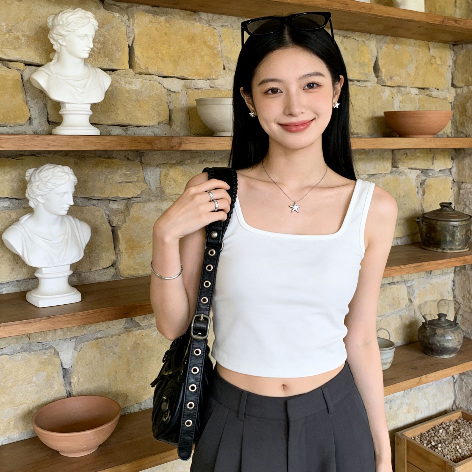 Beautiful Strap Chest Pad Square Collar All-match Short Vest Women's Outer Wear Sleeveless Sling Anti-running Light Base Top