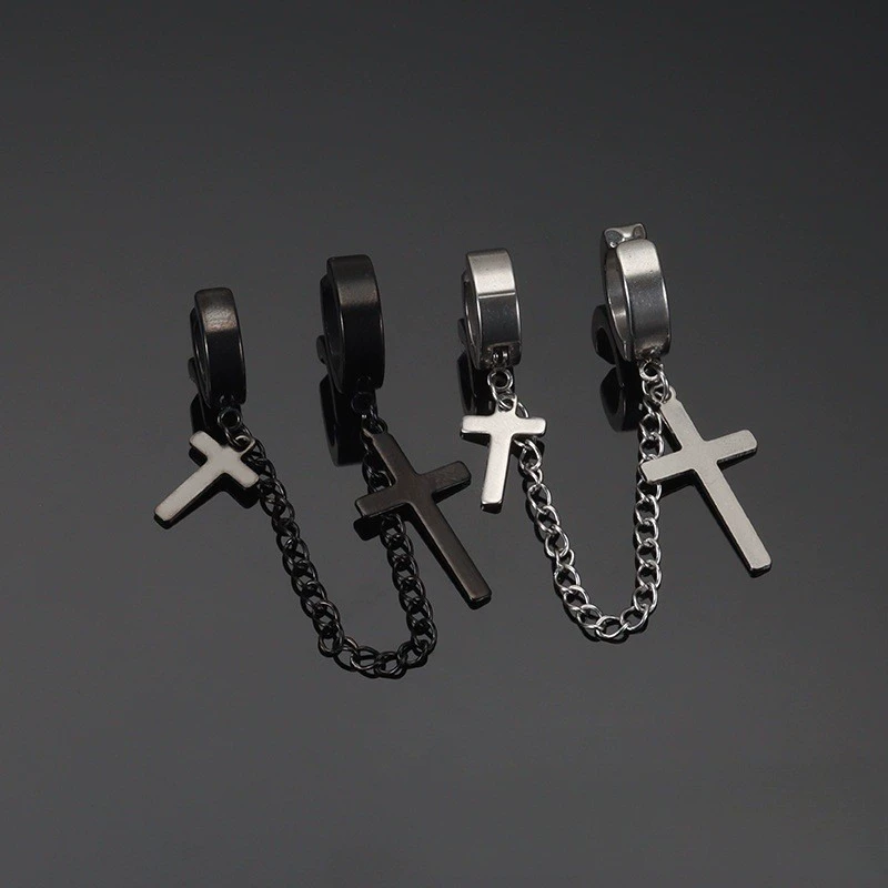 Earrings, chain, retro ear clips stainless steel hip-hop style, European style