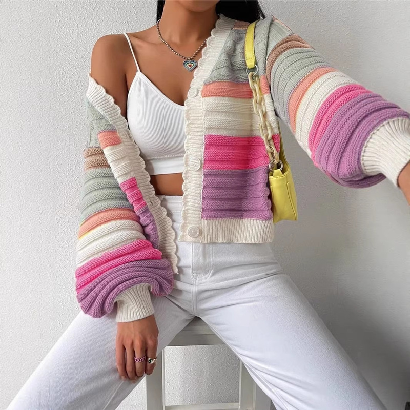 Knitted Cardigan 2026 Autumn and Winter European and American Cross-Border Color-Blocked Sweater Amazon Jacket Women's Rainbow Striped Lantern Sleeves Knitted Cardigan 2026 Autumn and Winter European and American Cross-Border Color-Blocked Sweater Amazon Jacket Women's Rainbow Striped Lantern Sleeves