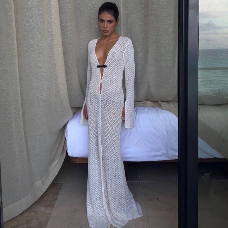 2022 Hollow-out Split Long Dress Beach Blouse V-neck Beach Dress Long Mop Fishtail Evening Dress for Women