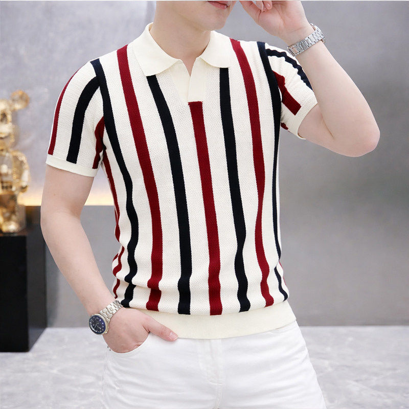 High-End Ice Silk Knit Luxury Men's Trendy Striped Breathable Short-Sleeve Polo Shirt Casual T-Shirt Versatile Top