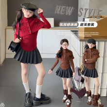 甜辣妹女中童毛衣套装2025秋季新款蝴蝶结斗篷披肩长袖毛衣百褶裙