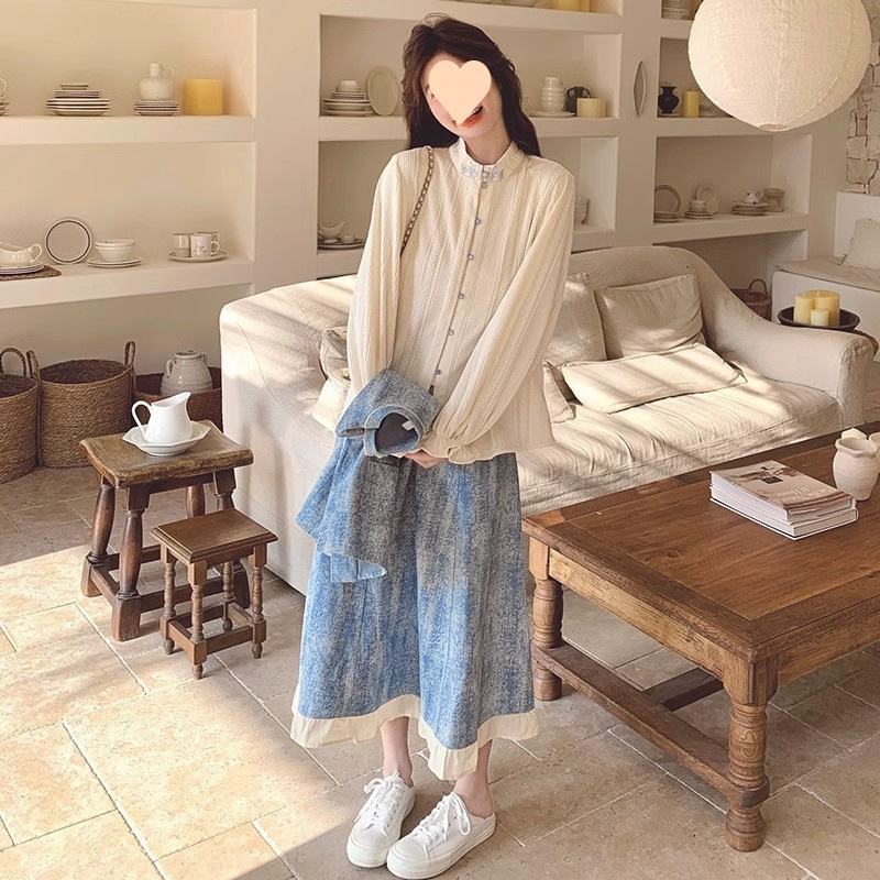 2025年春の新デザインベストとスカートのスリーピースブルーの小さな新鮮なデニムジャカードスーツスカート女性用|undefined