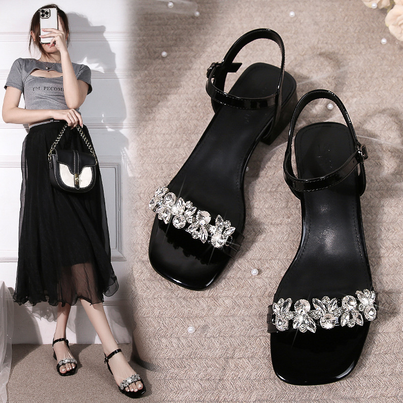 Fairy-Style Niche One-Strap Sandals for Women, 2026 Summer New Model, Paired with Skirts, Rhinestone Open-Toe Chunky Heel Roman Shoes Fairy-Style Niche One-Strap Sandals for Women, 2026 Summer New Model, Paired with Skirts, Rhinestone Open-Toe Chunky Heel Roman Shoes
