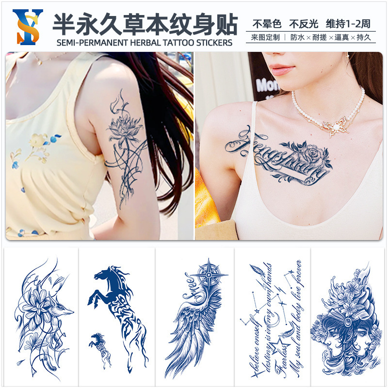 in stock wholesale semi-permanent herbal tattoo stickers waterproof juice half arm chest tattoo temporary tattoo stickers for men and women
