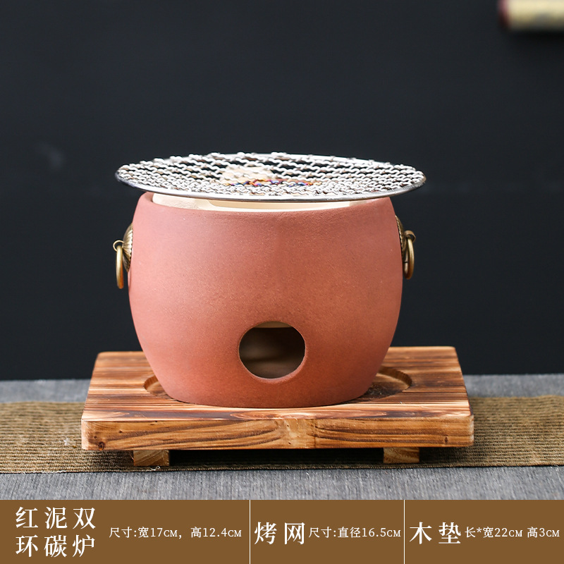 Estufa de carbón de doble anillo de arcilla roja en forma de tambor +22#Tapete de madera + parrilla para asar (16,5 cm)