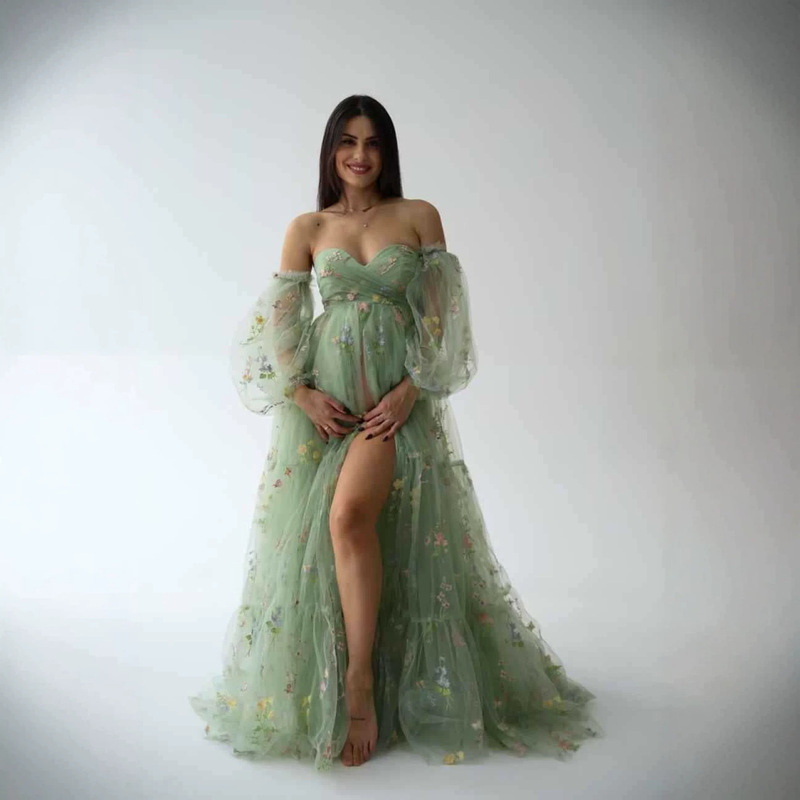 New European and American foreign trade style floral high-slit strapless dress for maternity photoshoots and birthday parties New European and American foreign trade style floral high-slit strapless dress for maternity photoshoots and birthday parties