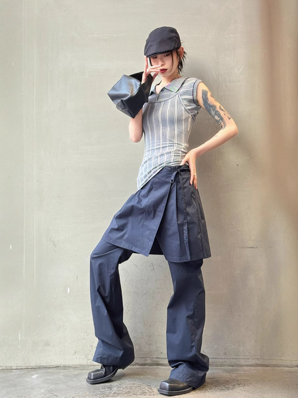 LOW CLASSI* フェイクツーピースオーバーオール Nanyou ハイバージョンスカートレイヤードワイドレッグレースアップストレートカジュアルパンツ|undefined