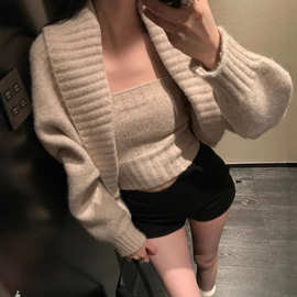 跨境区区欧阳 翻领披肩毛衣外套抹胸女冬季慵懒风针织衫宽松复古