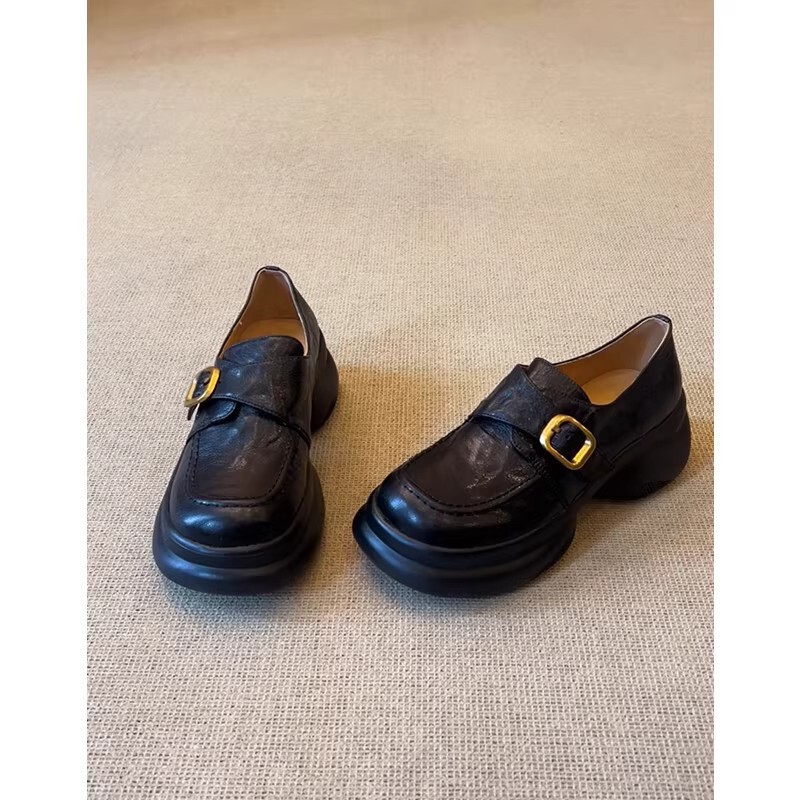 Sheepskin version ~ black round buckle thick-soled small leather shoes, women's British-style retro loafers Sheepskin version ~ black round buckle thick-soled small leather shoes, women's British-style retro loafers