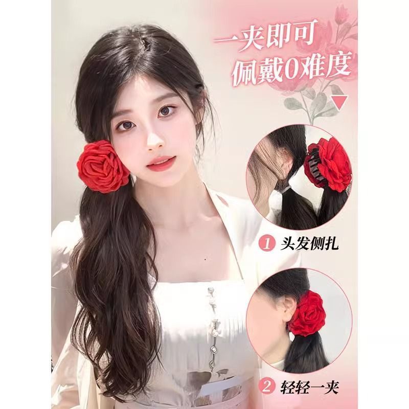 ウィッグポニーテールレッドローズフラワーヘアピン女性のサイドクリップ少しカーリーウィッグポニーテール人工毛グリッパーポニーテール|undefined