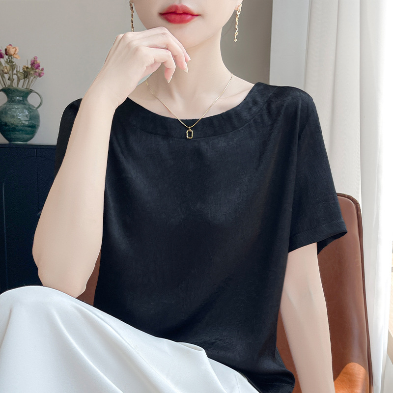 短袖t恤女装夏高级感大码胖M减龄遮肚子醋酸缎面正肩真丝小衫上衣|undefined