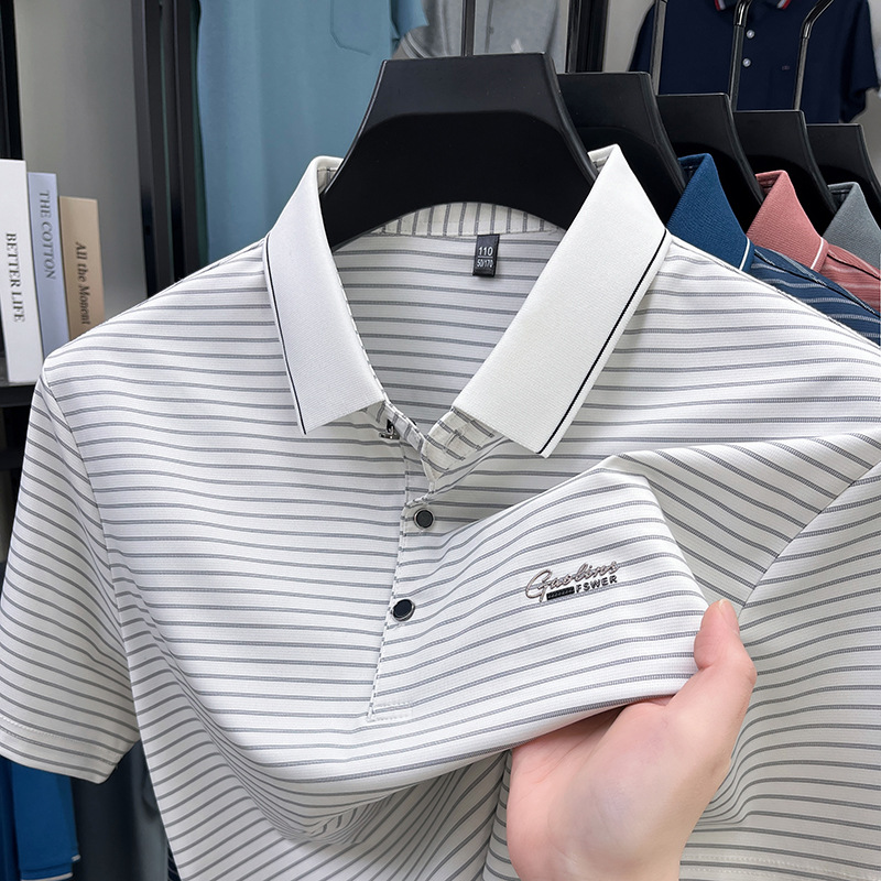 2025 New Arrival Embroidered Striped Polo Shirt Short Sleeve Men's Summer Lel Business Casual Ice Silk T-Shirt Top Trendy