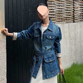 法式通勤简约秋季宽松时尚女牛仔外套休闲复古绑带上衣