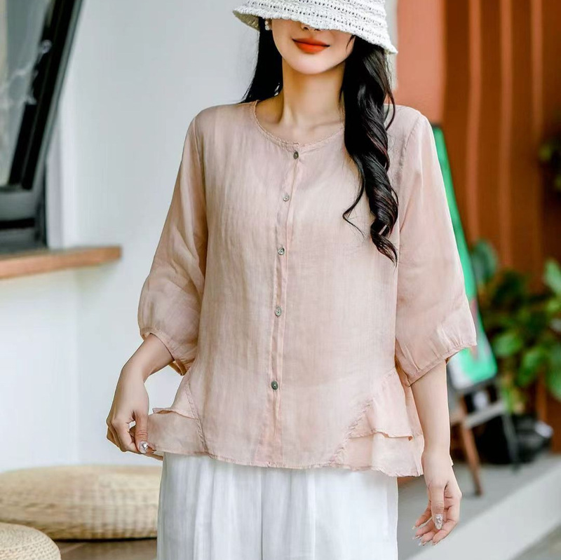 Artistic solid color 100% ramie shirt for women 2026 Japanese style spliced ruffle hem mid-sleeve thin top for summer Artistic solid color 100% ramie shirt for women 2026 Japanese style spliced ruffle hem mid-sleeve thin top for summer