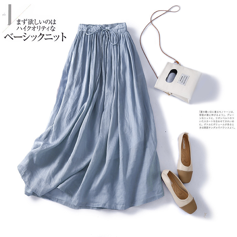 in stock foreign trade goods export tail cut label women's solid color double cotton linen long thin ramie skirt women