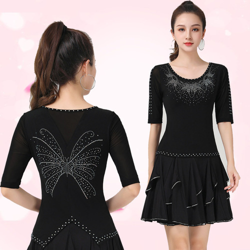 Square dance modern dance top new style female butterfly diamond round neck three-quarter sleeves Latin dance costume jitterbug suit