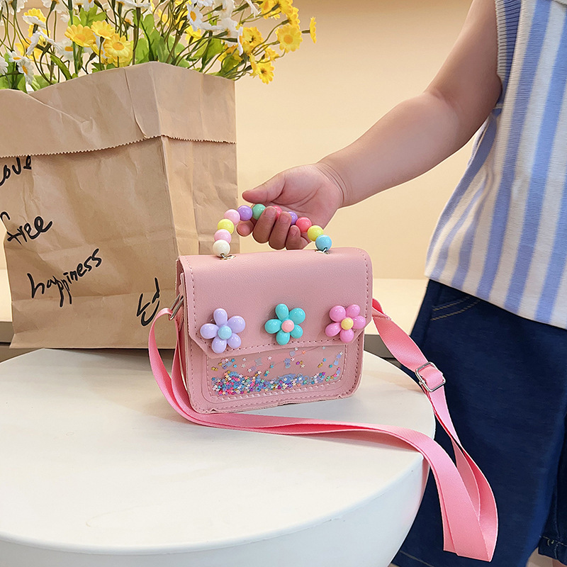 新しい子供のショルダーバッグパールポータブル小さな正方形バッグかわいい小さな花スパンコール装飾幼稚園トレンディなクロスボディバッグ|undefined