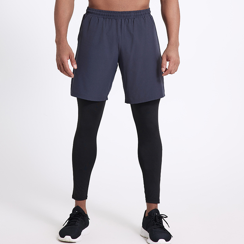 2024 Fake Two-Piece Sports Men's Elastic Tight-Fitting Running Fitness Nine-Point Pants Training Double-Layer Basketball Long Pants Trendy in