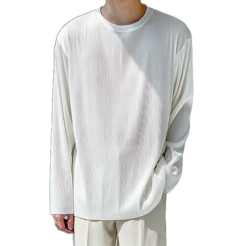 Hanging white long-sleeved t-shirt, men's spring and autumn loose pleated bottom shirt, ins trendy autumn high-end clothes
