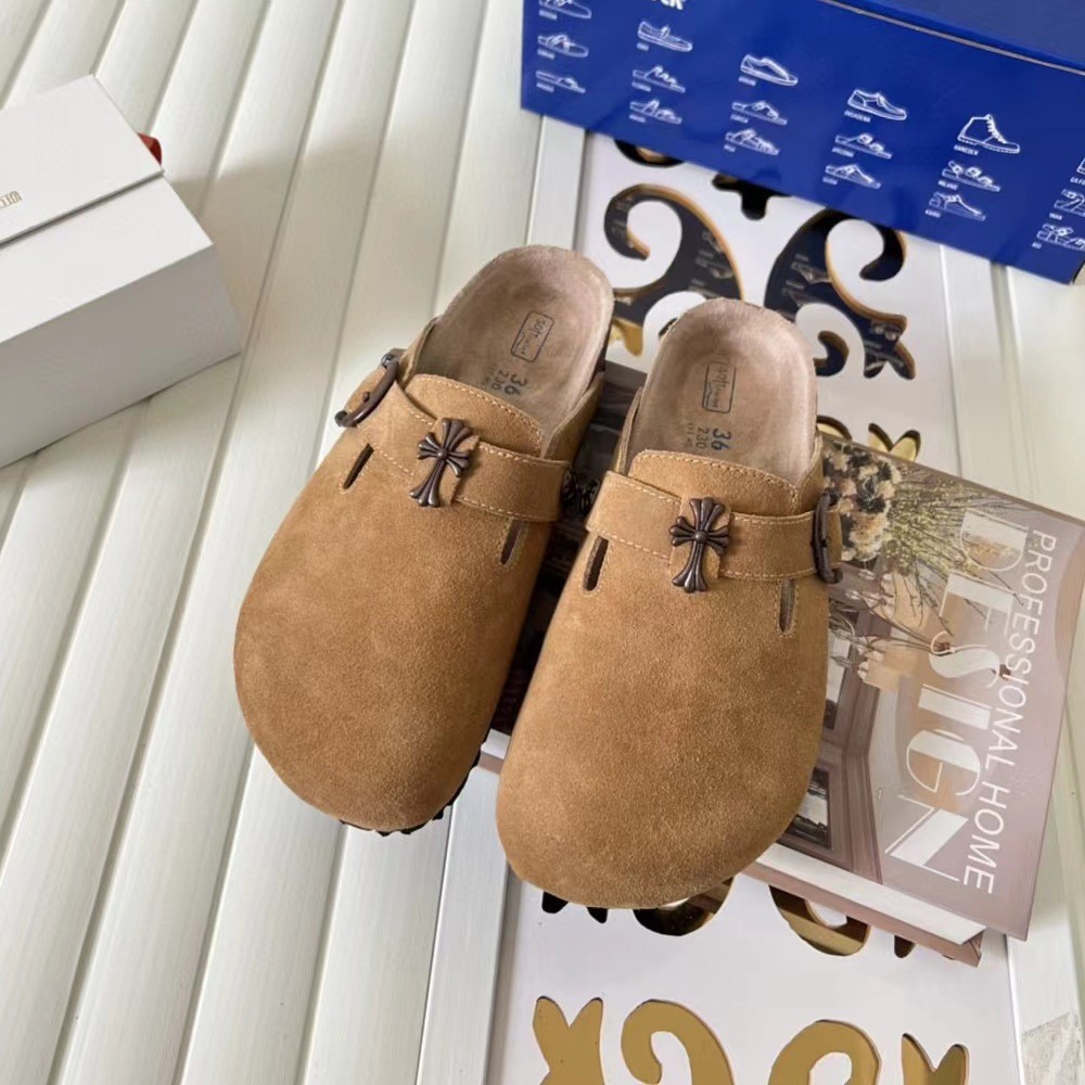 Birkenstock Boston Suede Chrome Hearts Cross Hardware Tan