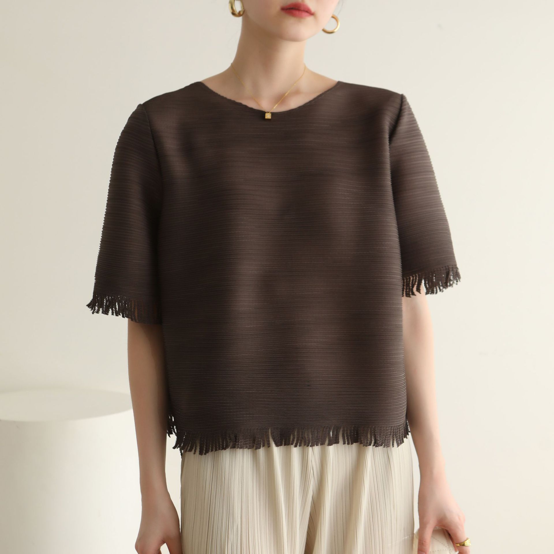 Quality 2025 Summer New Miyake High-end Pleated Soft Comfortable Casual All-match Tassel T-shirt Top
