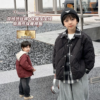 艾摩贝贝2024冬儿童夹棉加绒假两件衬衫领菱格棉服男女童保暖外套