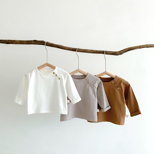  New Children's Solid Color Korean Style Baby Spring Item for Both Boys and Girls Round Neck Open Shoulder Button Collar T-shirt Base Layer Outerwear