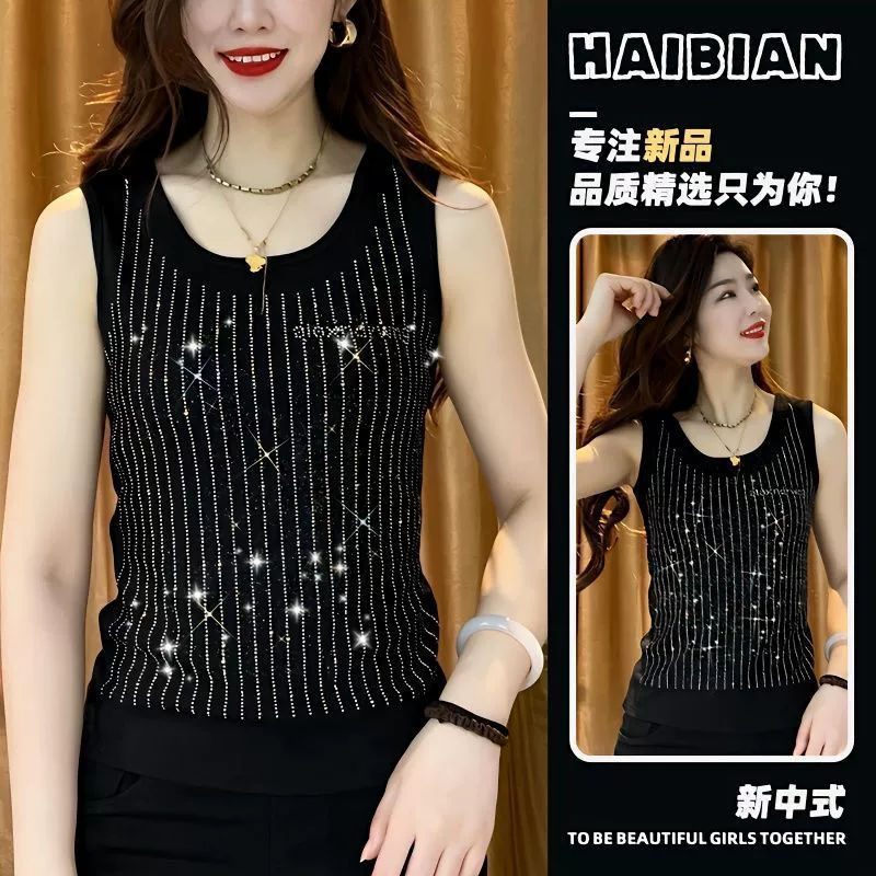 [Скидка на первый заказ] 100kg европейский женский камзол с украшением из страз, универсальный стильный топ для женщин