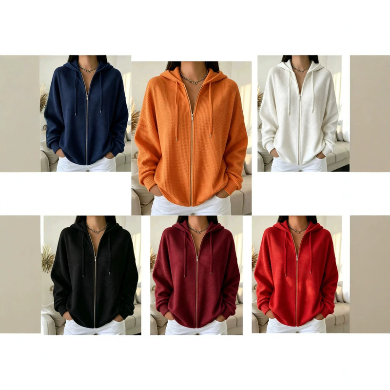 European and American 2026 Fall/Winter New Solid Color Zipper Hooded Loose Jacket Women's Knitted Cardigan Cross-Border Women's Sweatshirt European and American 2026 Fall/Winter New Solid Color Zipper Hooded Loose Jacket Women's Knitted Cardigan Cross-Border Women's Sweatshirt