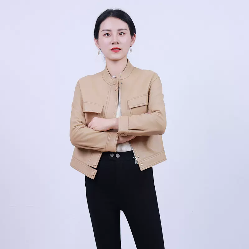 2025春秋新款海宁绵羊皮女士真皮皮衣短款立领机车皮夹克休闲外套